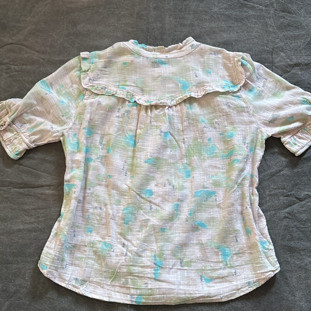 Democracy Elbow Sleeve button down ruffle trim yoke woven shirt/top XL - Picture 11 of 16